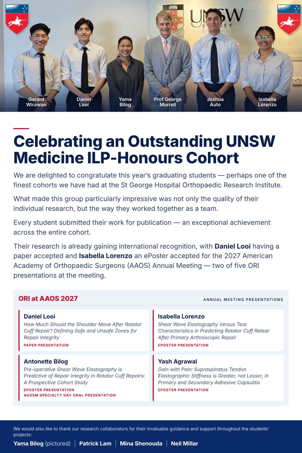 UNSW Medicine ILP-Honours students Gerard Wirawan, Daniel Looi, Yama Bilog, Joshua Auto and Isabella Lorenzo with Professor George Murrell at the Orthopaedic Research Institute, St George Hospital